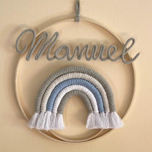 Geboortestrik met gepersonaliseerde naam, geboorteslinger, kinderkamernaamcirkel, macramé regenboog, wanddecoratie, babyshower