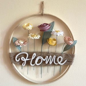 Ghirlanda scritta Home, Love, corona porta, decorazione murale, arredo casa, ghirlanda primavera estate, cerchio fiori di carta