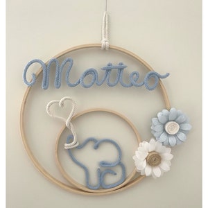 Fiocco nascita con nome personalizzato, ghirlanda nascita, corona nome cameretta, elefantino macrame’, decorazione murale, baby shower