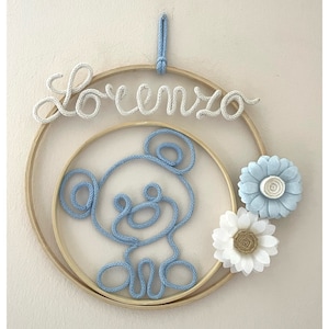 Fiocco nascita con nome personalizzato, ghirlanda nascita, corona nome cameretta, orsetto macrame’, decorazione murale, baby shower