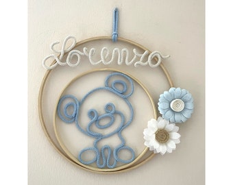 Fiocco nascita con nome personalizzato, ghirlanda nascita, corona nome cameretta, orsetto macrame’, decorazione murale, baby shower