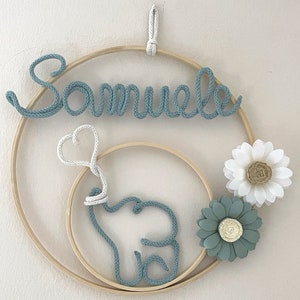 Fiocco nascita con nome personalizzato, ghirlanda nascita, corona nome cameretta, elefantino macrame’, decorazione murale, baby shower