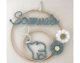 Lazo de nacimiento con nombre personalizado, guirnalda de nacimiento, corona con nombre de dormitorio, elefante macramé, decoración de pared, baby shower