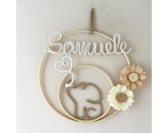 Fiocco nascita con nome personalizzato, ghirlanda nascita, corona nome cameretta, elefantino macrame’, decorazione murale, baby shower