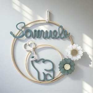 Fiocco nascita con nome personalizzato, ghirlanda nascita, corona nome cameretta, elefantino macrame’, decorazione murale, baby shower