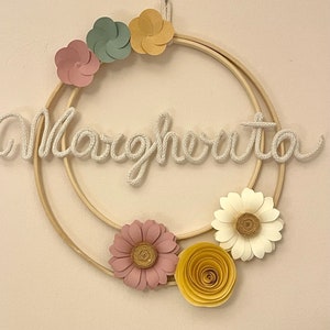 Macrame birth bow, little girl with personalized name, birth garland, bedroom name circle, wall decoration, baby shower