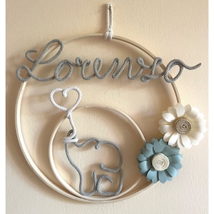 Fiocco nascita con nome personalizzato, ghirlanda nascita, corona nome cameretta, elefantino macrame’, decorazione murale, baby shower