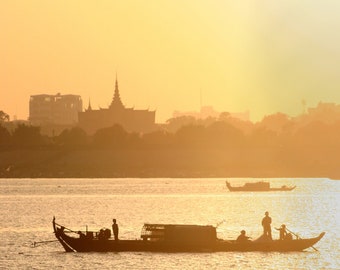 Boats at Dusk -- Travel Photography Print | Cambodia | Phnom Penh | Mekong River | Fishermen | Matted Photo Print