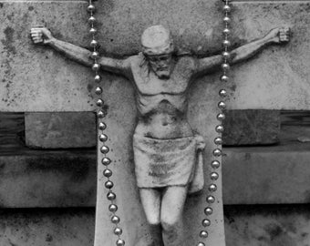 Jesus with Mardi Gras Beads -- Black and White Photography Print | New Orleans | Louisiana | Cemetery Pics | Matted Photo Print