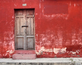 Door in Red Wall in Antigua Guatemala - Color Photography Print | Peeling Paint | Matted Photo Print | Guatemala