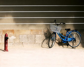 Blue Bicycle in Osaka -- Travel Photography Print | Bike | Stripes | Red White Blue | Matted Photo Print | Osaka Japan