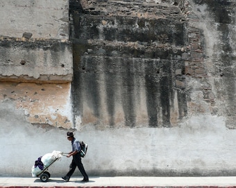 Man Walking in Antigua Guatemala - Color Photography Print | Peeling Paint | Matted Photo Print | Guatemala