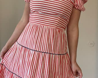 1930s/1940s Red Striped Cotton Feedsack  Dress with Navy Buttons and Sweetheart Neckline