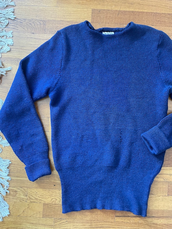 1930s 1920s Navy Blue Wool Knit Fisherman Sweater
