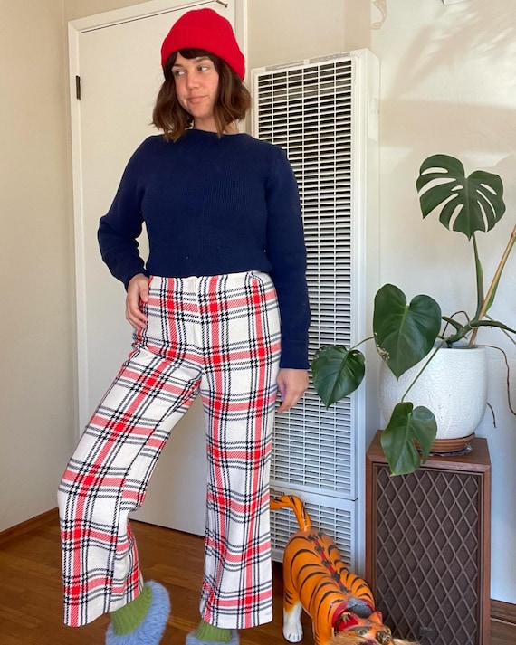 1960s 1970s Vintage Plaid Flare Pants