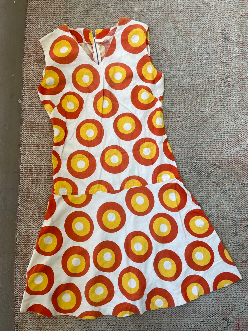 Generic Excellent Mod 1960s Allover Print Cotton Drop Waist Dress