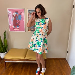 1960s Waffle Cotton Vintage Day Glo Floral Fit and Flare Dress