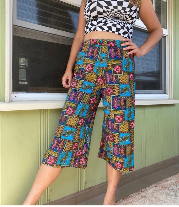 1970s Psychedelic Trippy Culottes Flare Pants