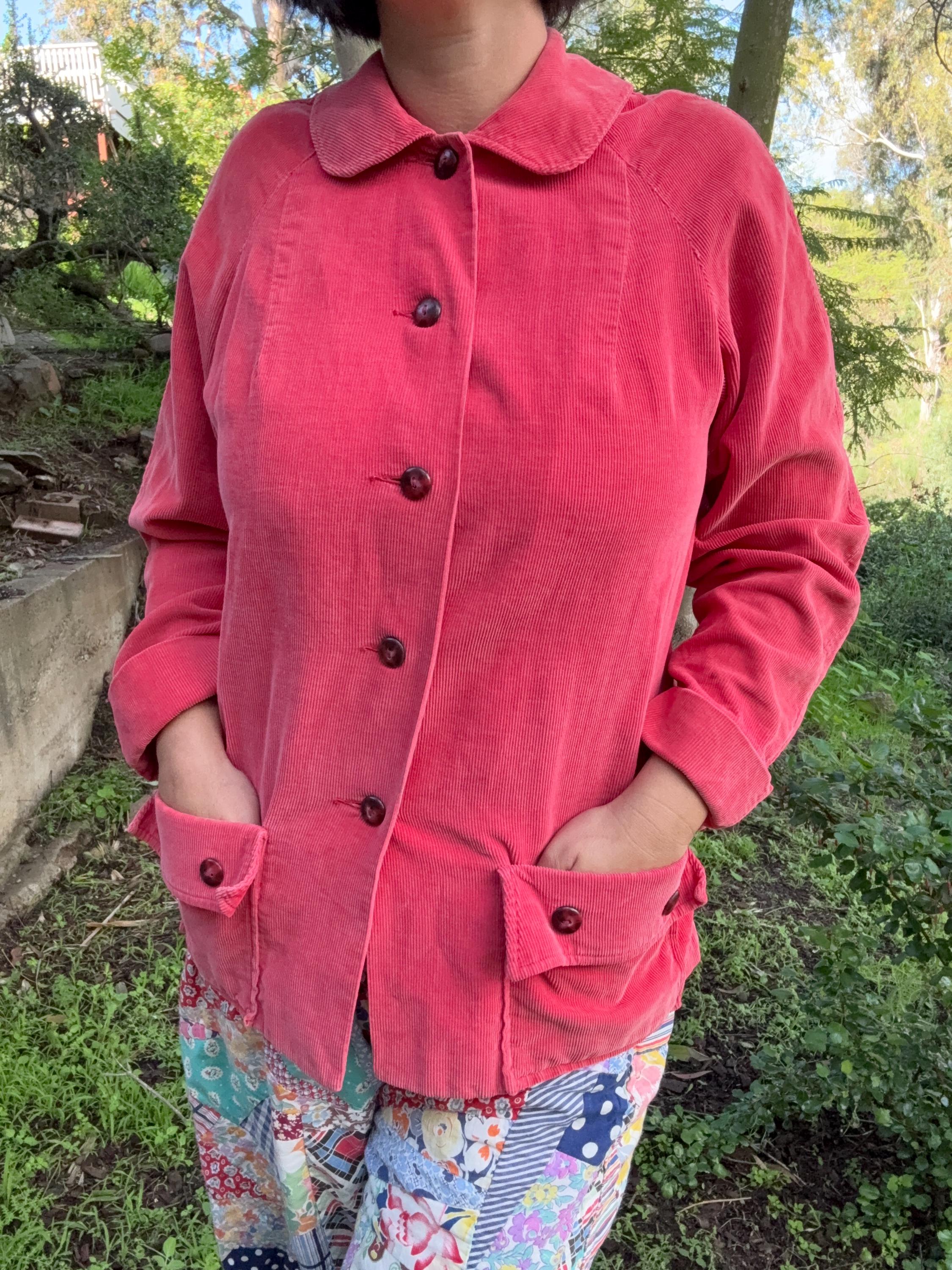 1950s Vintage Pink Corduroy Chore Coat Jacket With Buttons and 