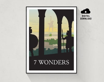 May include: A black and white illustration of the Seven Wonders of the Ancient World. The image shows two figures standing in a doorway looking out at the wonders. The text "7 WONDERS" is at the bottom of the image.