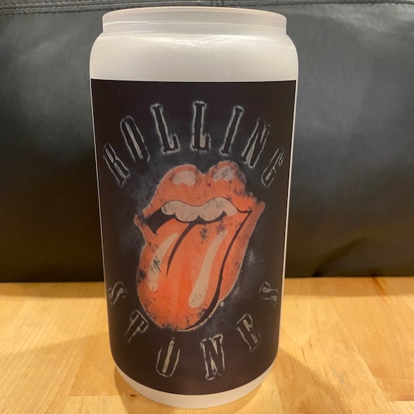 Frosted Glass 16 oz beer can - libby cup with bamboo lid and straw - Rolling Stones with lips