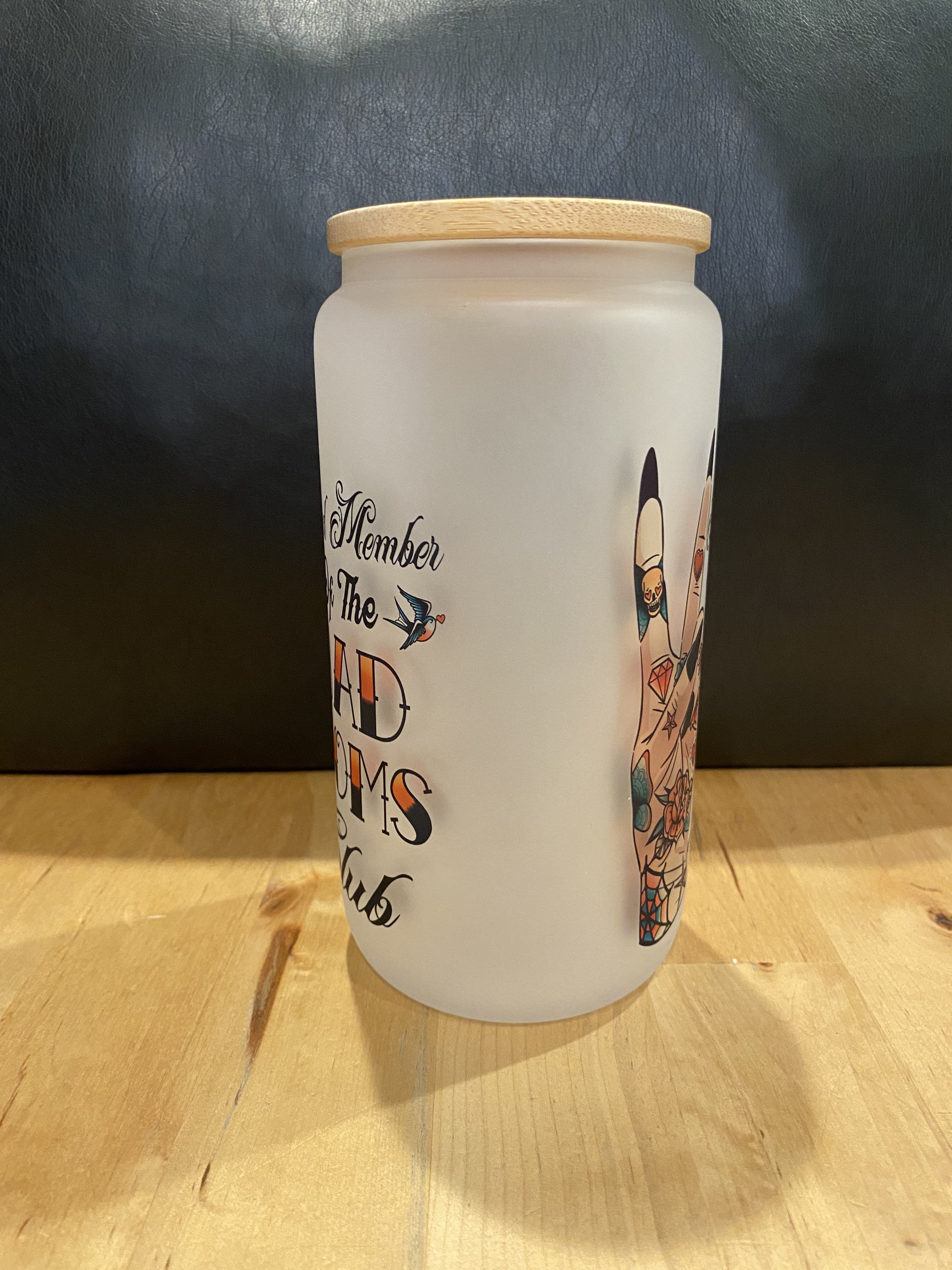 Frosted Glass 16 Oz Beer Can Cup With Bamboo Lid and Straw - Bad Moms ...