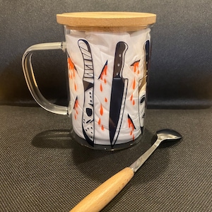 15 oz Glass Mug set with bamboo lid and matching spoon - Horror - Knives - Michael Meyers - Jason - Chucky