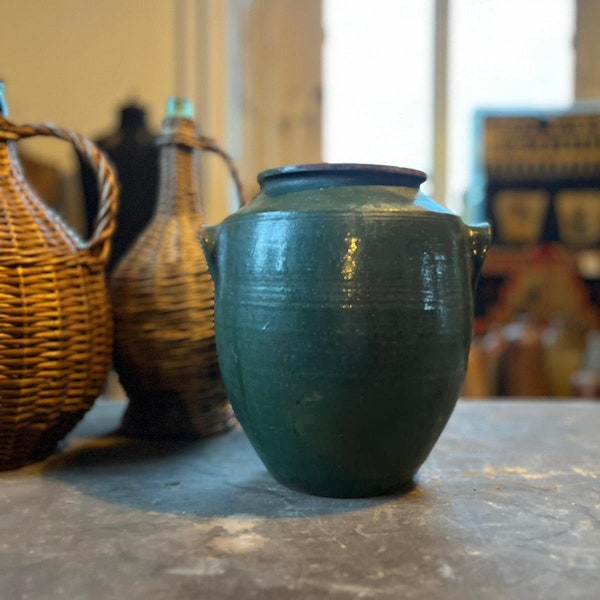 Antique European / French Provençal Pottery, Confit Pot, rare glaze. French antique pottery earthenware stoneware green photo prop