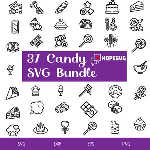 May include: Purple banner with white text that reads "37 Candy SVG Bundle" and a small red heart icon with the text "HOPESVG".