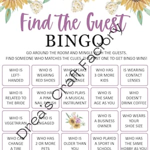 Sunflower Theme Find The Bridal Guest BINGO