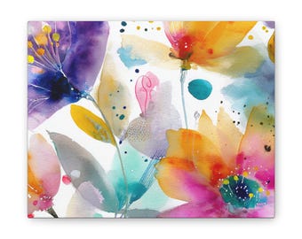 Watercolor Floral Painting Canvas Stretched 0.75" | Colorful Flower Wall Art