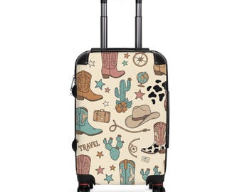 Western Travel Pattern Suitcase | Cowgirl Boots, Hat, Cactus Luggage Cover
