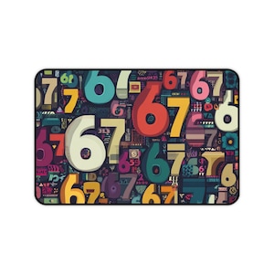 May include: Rectangular mousepad featuring a colorful pattern of the numbers 6 and 7 in various sizes and colors, including teal, red, yellow, and white. The background is a dark navy blue with decorative elements.