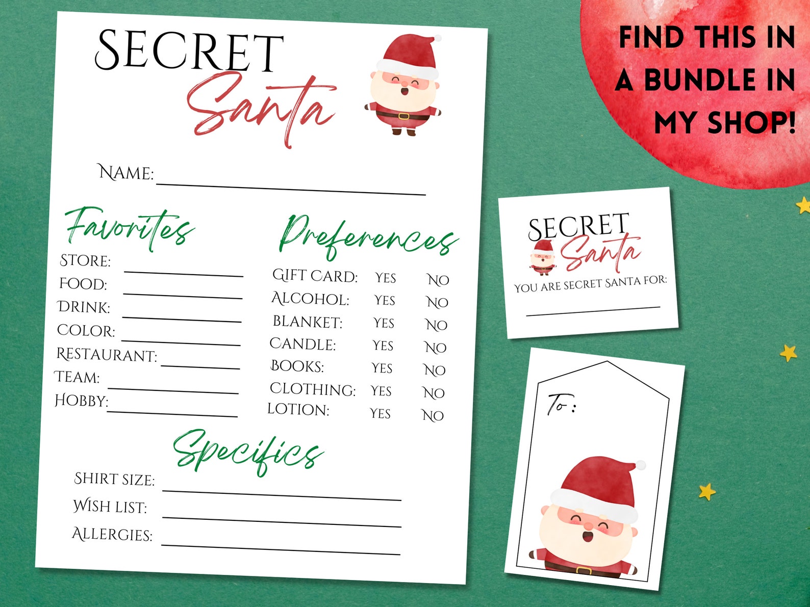 Secret Santa Questionnaire for Adults and Coworkers Printable Secret ...