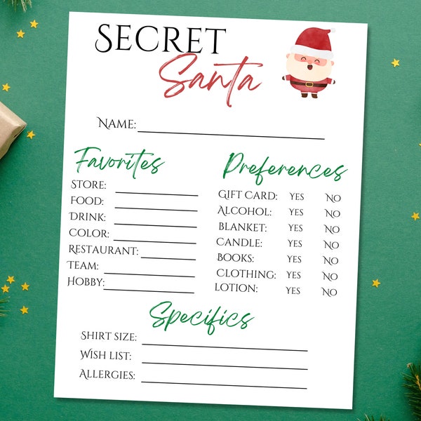 Secret Santa Questionnaire for Adults and Coworkers | Printable Secret Santa Questions for Work