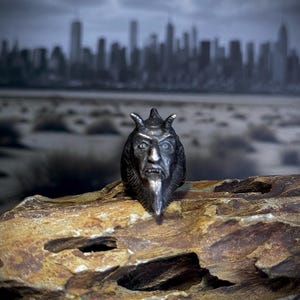 May include: A silver-colored ring with a detailed sculpture of a demon's head. The ring is sitting on a rough, brown rock with a blurry cityscape in the background.