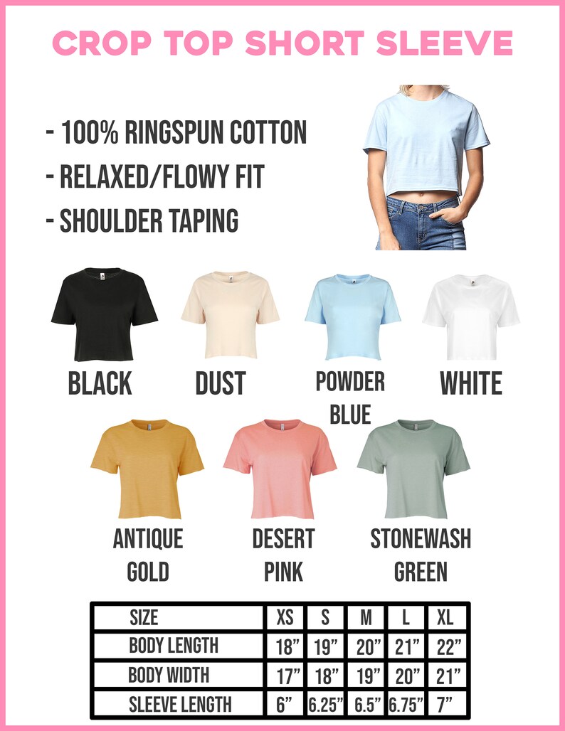 Puede incluir: Un gr&aacute;fico que muestra la tabla de tallas para una camiseta corta de manga corta. La tabla muestra la talla, la longitud del cuerpo, el ancho del cuerpo y la longitud de la manga en pulgadas. Los colores de las camisetas son negro, polvo, azul polvo, blanco, oro antiguo, rosa desierto y verde lavado a la piedra.