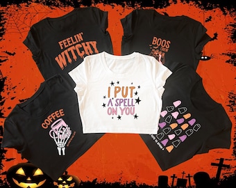 Crop top met Halloween-print | T-shirt met Halloween-ontwerp | Spookachtige, esthetische top | Cadeau voor haar | Leuk vriendincadeau |