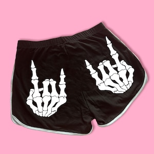 Rock On Skeleton Hand Dolphin Shorts | Cute Dolphin Shorts | Goth Shorts | Funny Shorts | Y2K Shorts | Lounge Shorts Halloween Shorts