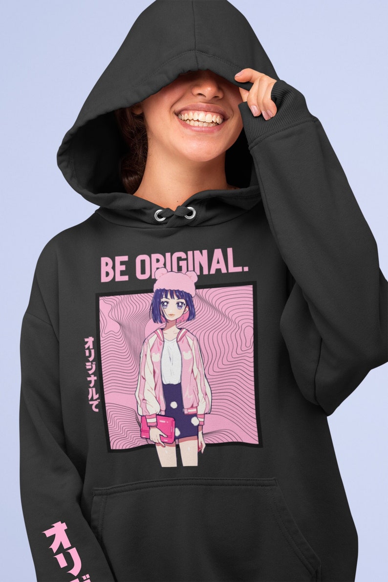 May include: Black hoodie with a pink graphic of an anime girl with the text "BE ORIGINAL." and "オリジナルで" in Japanese.