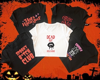 Crop top met Halloween-print | T-shirt met Halloween-ontwerp | Spookachtige, esthetische top | Cadeau voor haar | Leuk vriendincadeau |