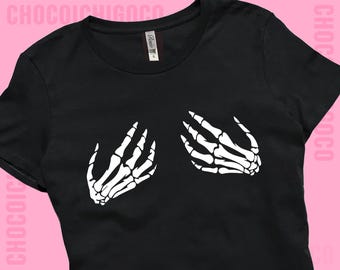 Skeleton Hands Fitted T-Shirt, Halloween Baby Tee, Spooky Season Shirt, Gothic Fitted T Shirt, Skeleton Hand Graphic Tee, Alt Goth Clothing