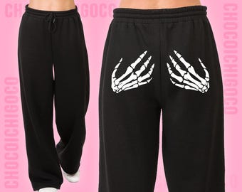 Skeleton Hands Wide Leg Sweatpants, Gothic Black Sweatpants, Y2K Goth Pants, Alternative Streetwear, Baggy Graphic Sweatpants