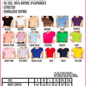May include: A variety of crop tops in various colors, including black, white, and red. The image displays the tops in multiple colors, with a size chart and fabric details. The text reads "SNUG FIT - CROP TOP".