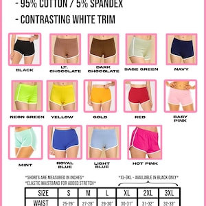 May include: Dolphin shorts in various colors, including black, navy, and hot pink, with contrasting white trim. Made of 95% cotton and 5% spandex. Sizes range from S to 3XL, with waist measurements from 25-33 inches and hips from 34-44.5 inches. Elastic waistband for added stretch.