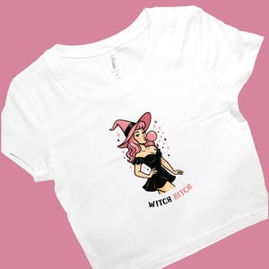 Witch B Retro Pin-Up SNUG FIT Crop Top | Sassy Halloween Witch Graphic Tee | Cute Spooky Season Shirt for Women