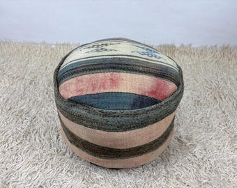 runder türkischer Sitzpouf 16x40x25x25, vintage Ottomane, Kelim Bodenkissen, Meditationskissen, marokkanischer Teppichbodenkissen, handgemachter Pouf