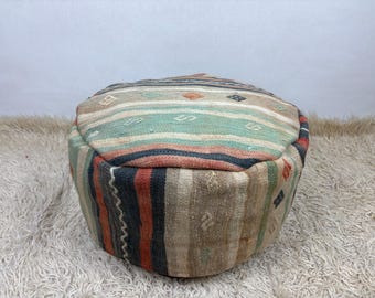 round turkish pouf 20x20x8, vintage ottoman, meditation cushion, moroccan kilim pouf, turkish floor pillow, large floor cushion, kilim pouf