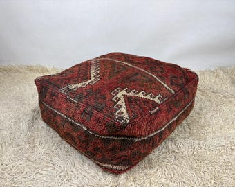 turkish pouf 24x24x8, moroccan pouf, boho pouf, kilim pouf, ottoman pouf, footstool, yoga cushion, tribal pouf, vintage pouf, wool pouf