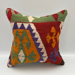 16x16 kilim pillow, decorative pillow, morrocan pillow, embroidered pillow, boho pillow case, home decor, muted pillow, wool pillow cover
